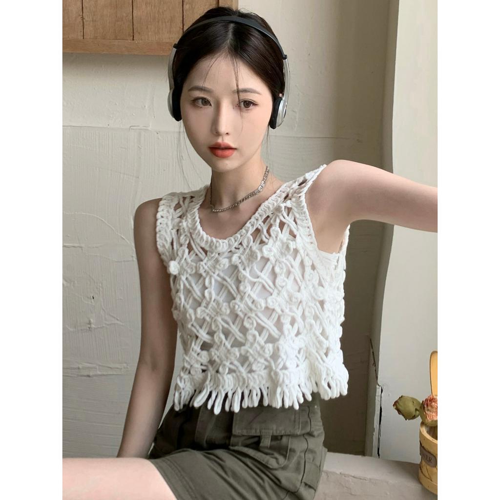 [Augustcloth] Áo cộc tay cổ tròn lưới lưn móc tua rua