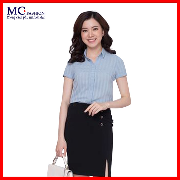 Áo Sơ Mi Nữ Công Sở Đẹp, Kẻ Sọc Có Cổ Đức Bẻ, 2 Màu( Xanh Đen Tím Than, Xanh Nhạt ) Mc Fashion A387