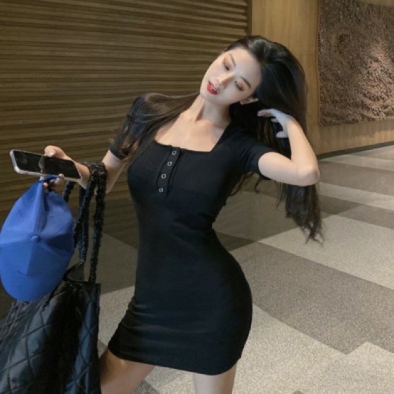 ĐẦM ÔM BODY TAY NGẮN NÚT BẤM CHẤT THUN GÂN SỊN