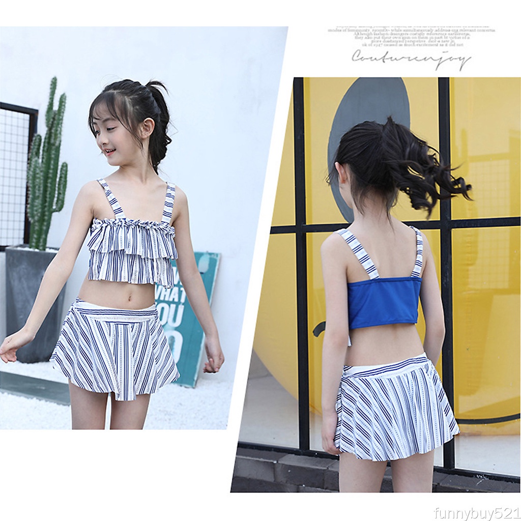 Bộ đồ bơi hai mảnh áo không tay + chân váy lưng cao kẻ sọc dễ thương cho bé gái 5-12 tuổi