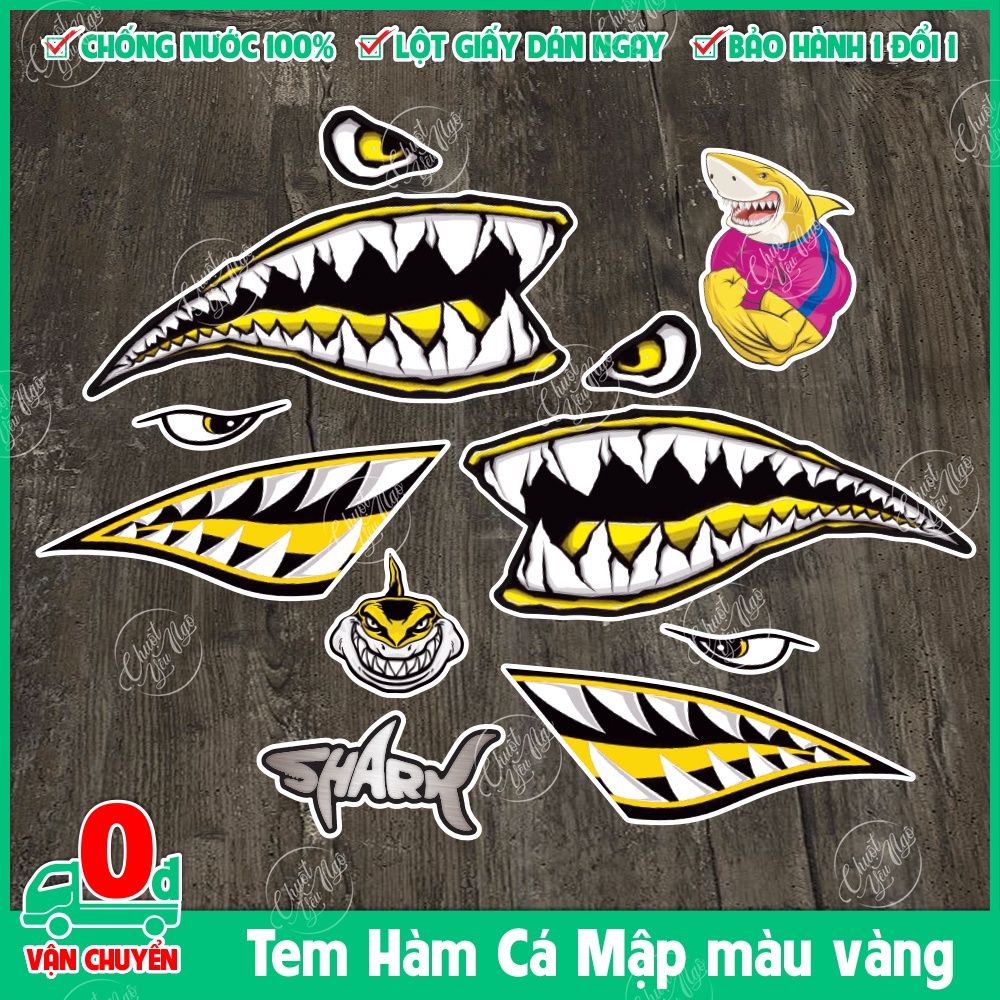 Bộ tem cá mập màu vàng hình dán decal nhám chống nước trang trí xe máy laptop nón bảo hiểm