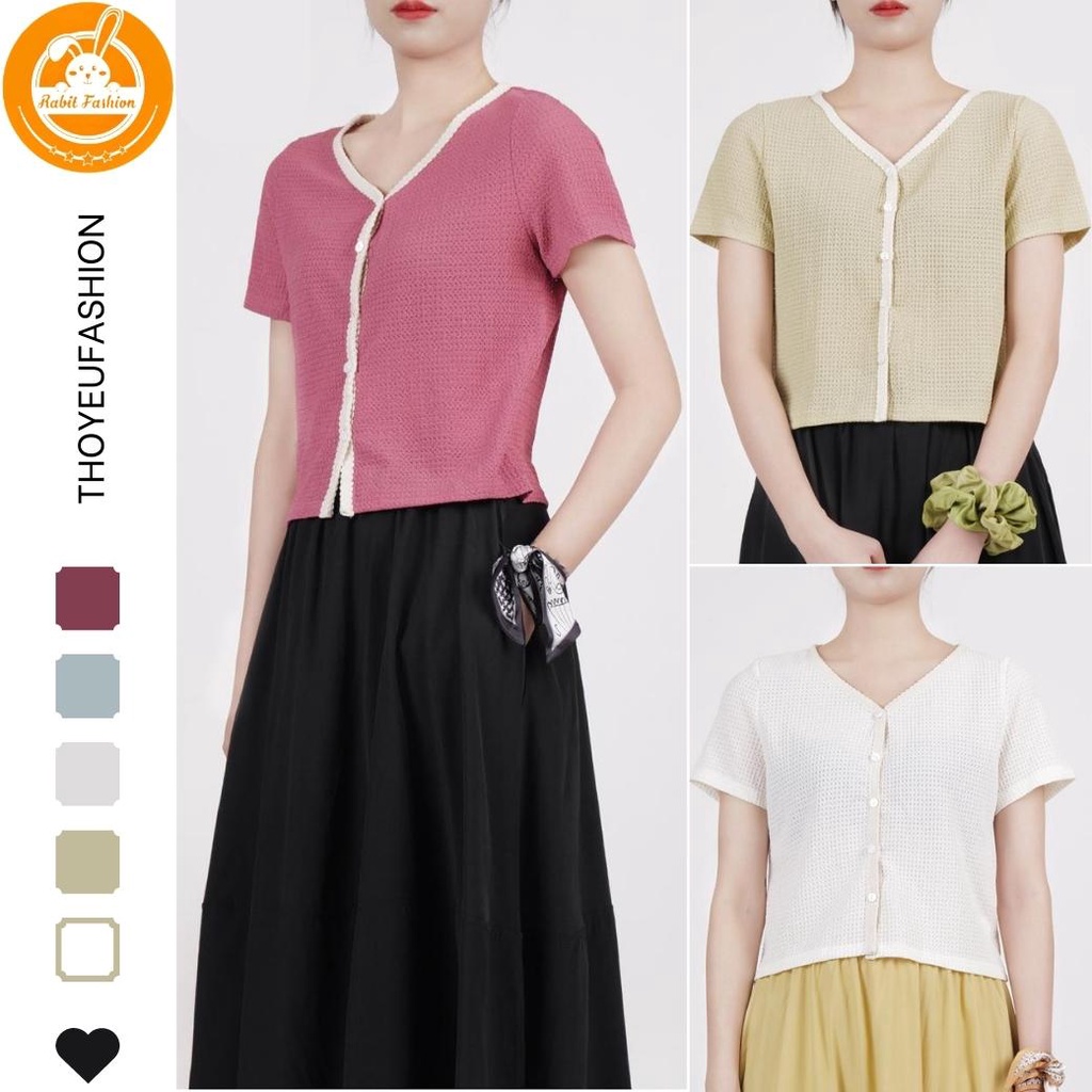 Áo cadigan nữ ngắn tay cổ chữ V phối ren hoa phong cách Pháp thời trang cho nữ M88