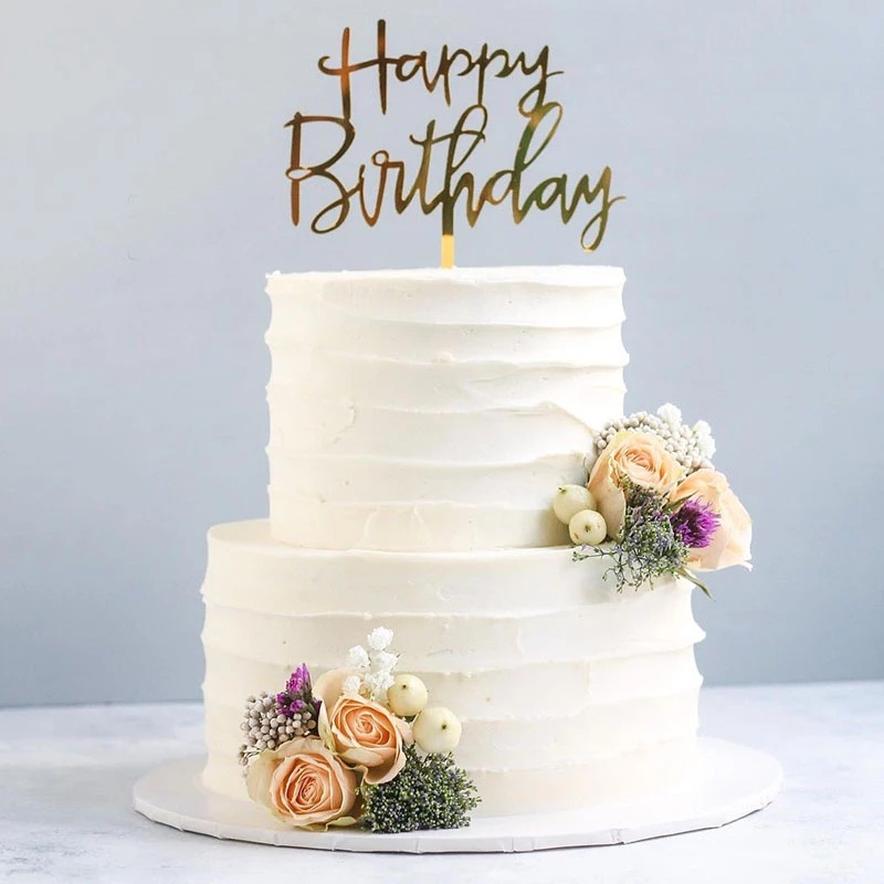 Topper Acrylic màu vàng chữ Happy Birthday trang trí bánh kem