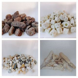 1KG - Combo 4 loại vật liệu lọc (Nham thạch, sứ nhẫn, sỏi mini, san hô biển) siêu tiện lợi cho hồ cá, hồ thủy sinh