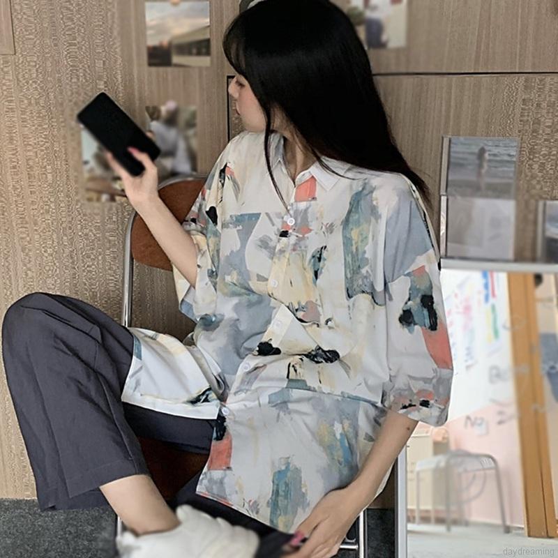 Áo Sơ Mi Voan Ngắn Tay Dáng Rộng In Họa Tiết Xinh Xắn Dành Cho Nữ