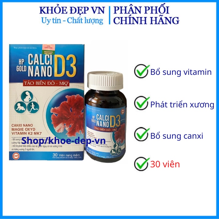 Calci Nano D3 Tảo Biển Đỏ K2 Bổ sung canxi, chống còi xương ở trẻ em, loãng xương thoái hóa ở người lớn hộp 30 viên