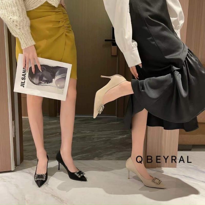 giay cao gót đá vuông xanh kem đen