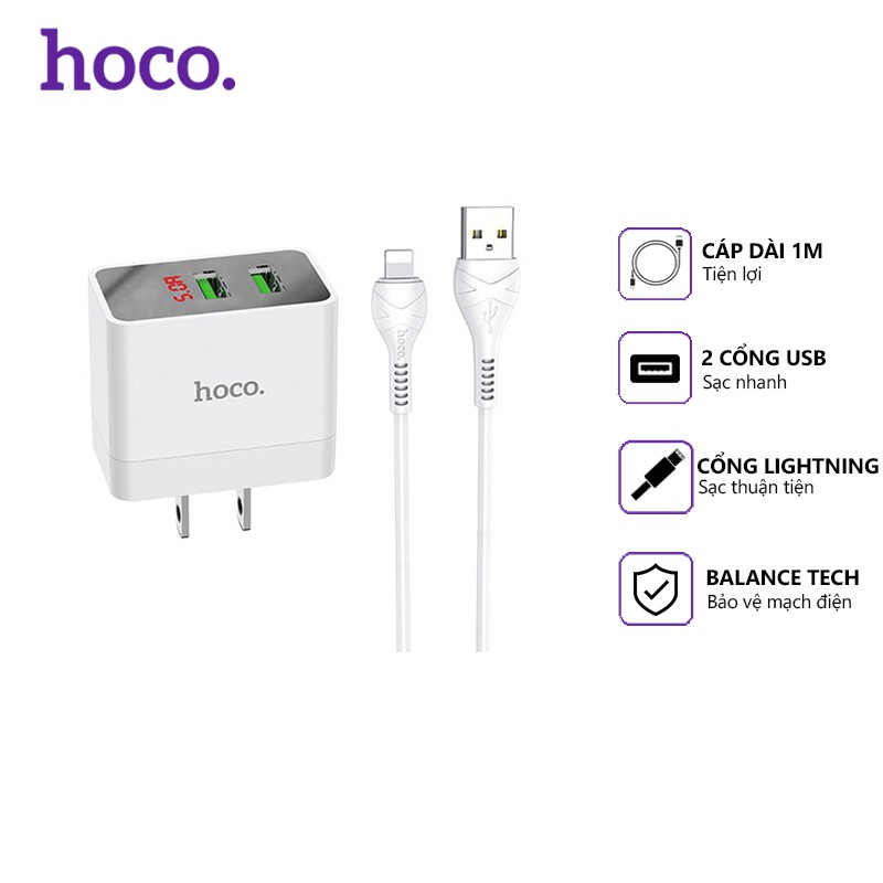 Bộ sạc nhanh Hoco DC28 2 cổng USB 5.0A, màn hình led, dài 1m, cáp Lightning, tương thích thiết bị Apple