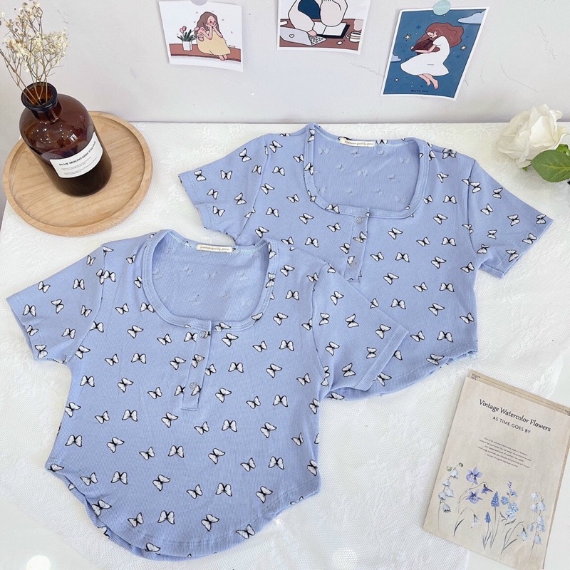 Áo croptop butterfly vạt bầu nút bấm ( Kèm hình thật )