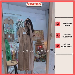 Váy sơ mi xuông dài phong cách hàn quốc, đầm big size chất đũi lụa VIMIDO