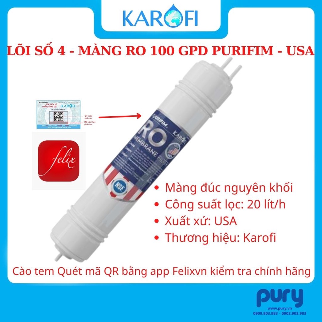 LÕI LỌC NƯỚC SỐ 4 - MÀNG RO PURIFIM KAROFI USA 100 GDP (CÔNG SUẤT 20L/H)