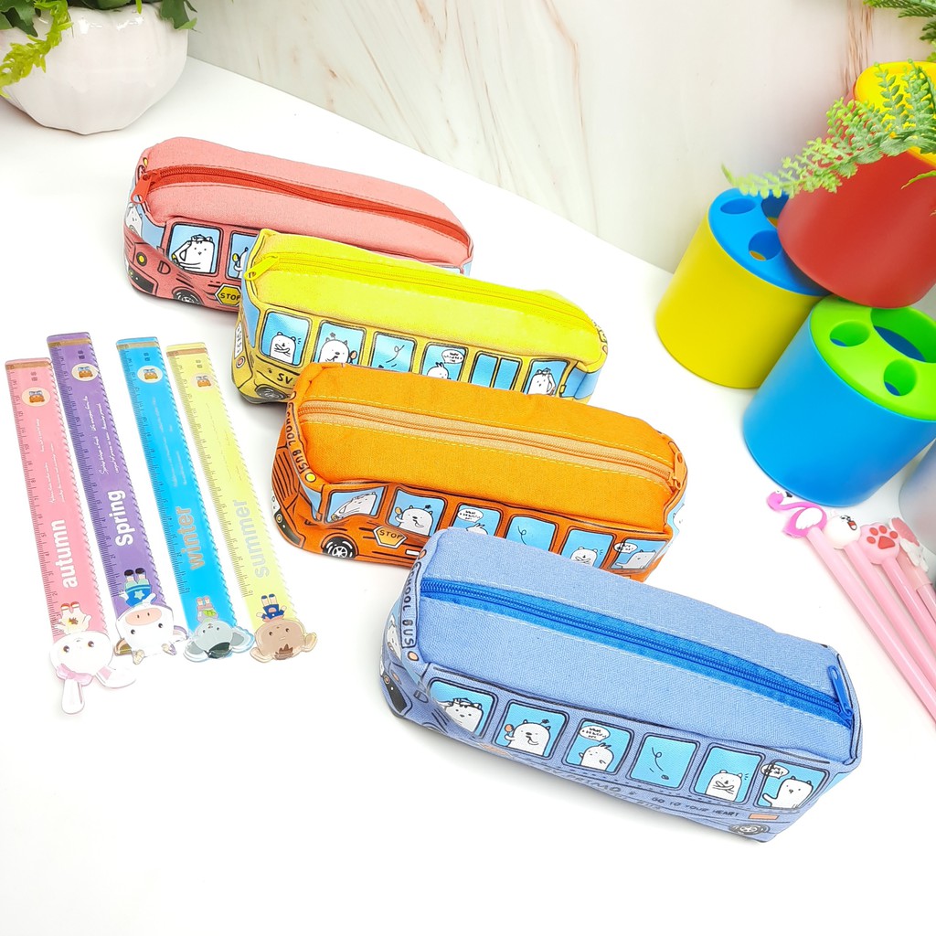 [Combo] Bóp Viết Hình Xe Bus Vàng Và Thước Kẻ Nhựa 15cm Có Răng Cưa Summer