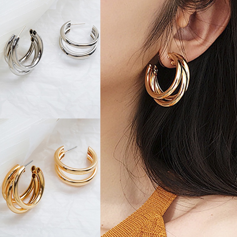 Khuyên Tai Kim Loại Mạ Vàng Họa Tiết Hình Học Phong Cách Retro Thời Trang