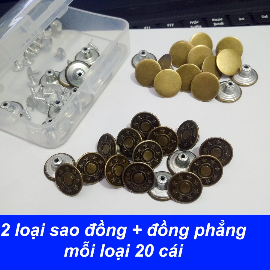01# Hộp 40 nút quần áo Jean kim loại hình Sao đồng và Đồng phẳng