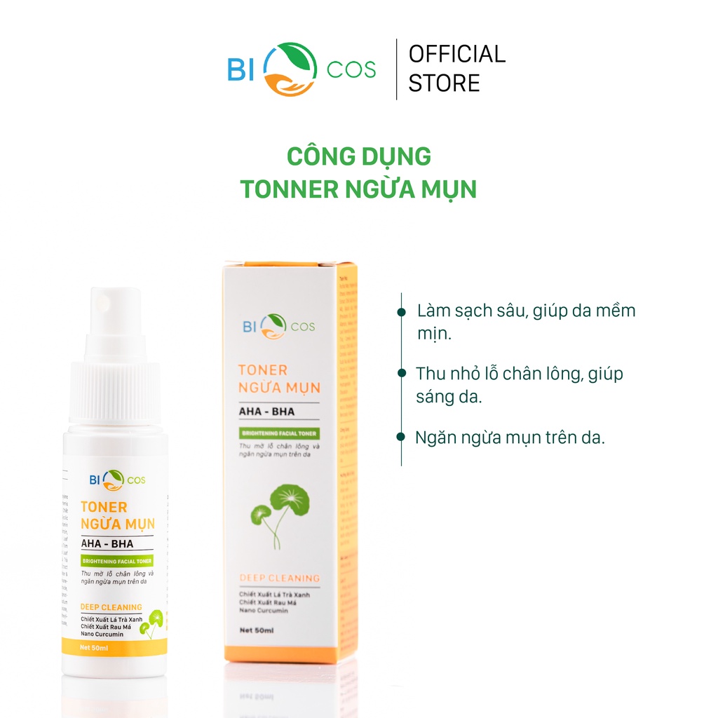 Toner Ngừa Mụn BIOCOS - AHA, BHA Ngừa Mụn, Dưỡng Ẩm, Se Khít Lỗ Chân Lông 50ml