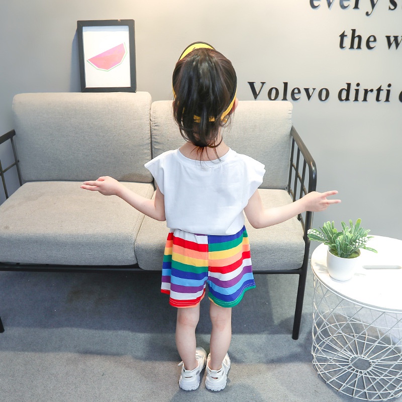 [P.C store] spot 2021 girls' new Korean summer children's T-shirt shorts two piece rainbow Suit Girls' sleeveless children's suit 0-4 years old fashion