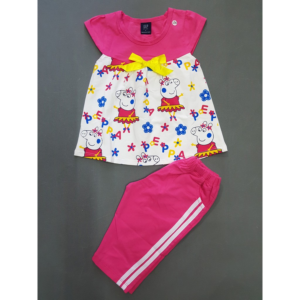 Bộ thun cotton tay cánh tiên bé gái in heo peppa