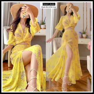 Đầm maxi hoa đi biển du lịch xẻ tà áo xoắn eo cổ v freeship đầm nữ dài sexy h