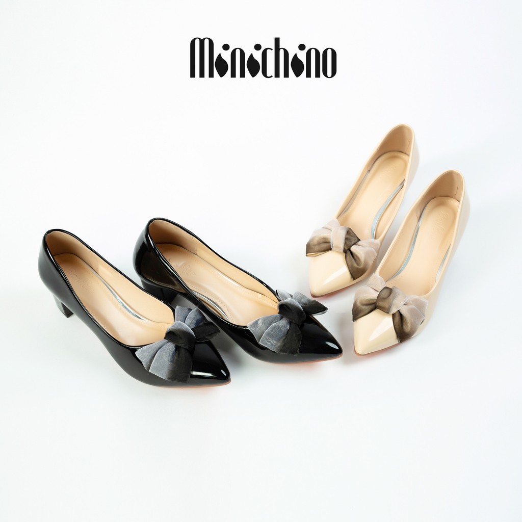 Giày cao gót nữ cao 5cm MINICHINO giày búp bê nữ mũi nhọn da bóng phối nơ thời trang màu kem TC047 | BigBuy360 - bigbuy360.vn