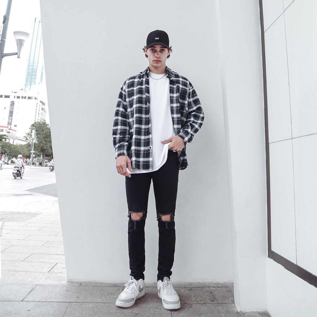 Áo Sơ Mi Flannel Màu Tím Sọc Đen Trắng Form Rộng Thoải Mái Chất Liệu Cotton Thoáng Mát Phong Cách Đường Phố