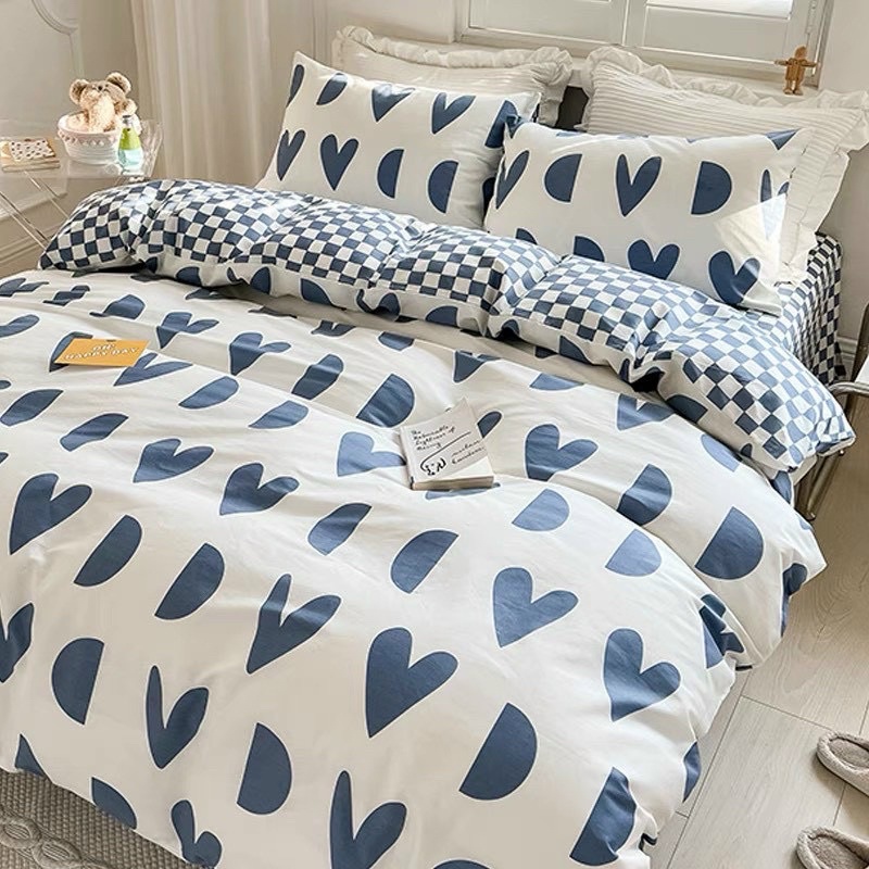 Bộ Vỏ Chăn Ga Gối Cotton Poly Tim Đen Phối Kẻ Caro 4 Món Hàng Nhập Khẩu Siêu Mềm Mịn Chống Bai Xù