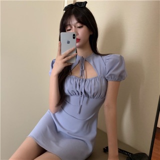 Váy pháp retro cúp ngực thắt nơ cổ / Đầm cách tân hở ngực sexy