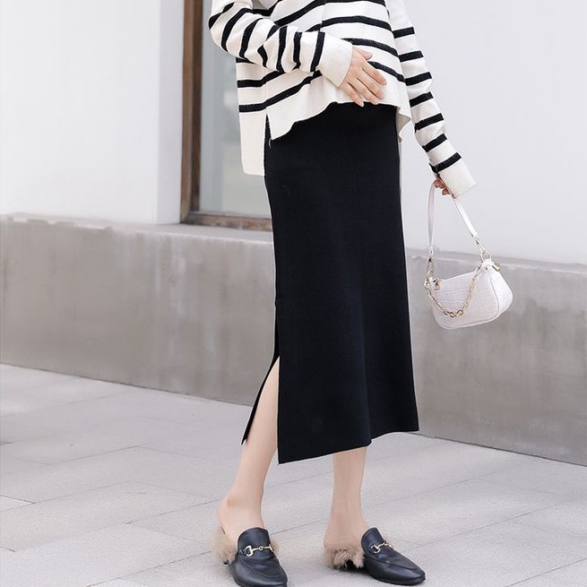 Chân Váy Len Dài Lưng Cao Màu Sắc Đơn Giản Thời Trang Xuân Thu Cho Mẹ Bầu