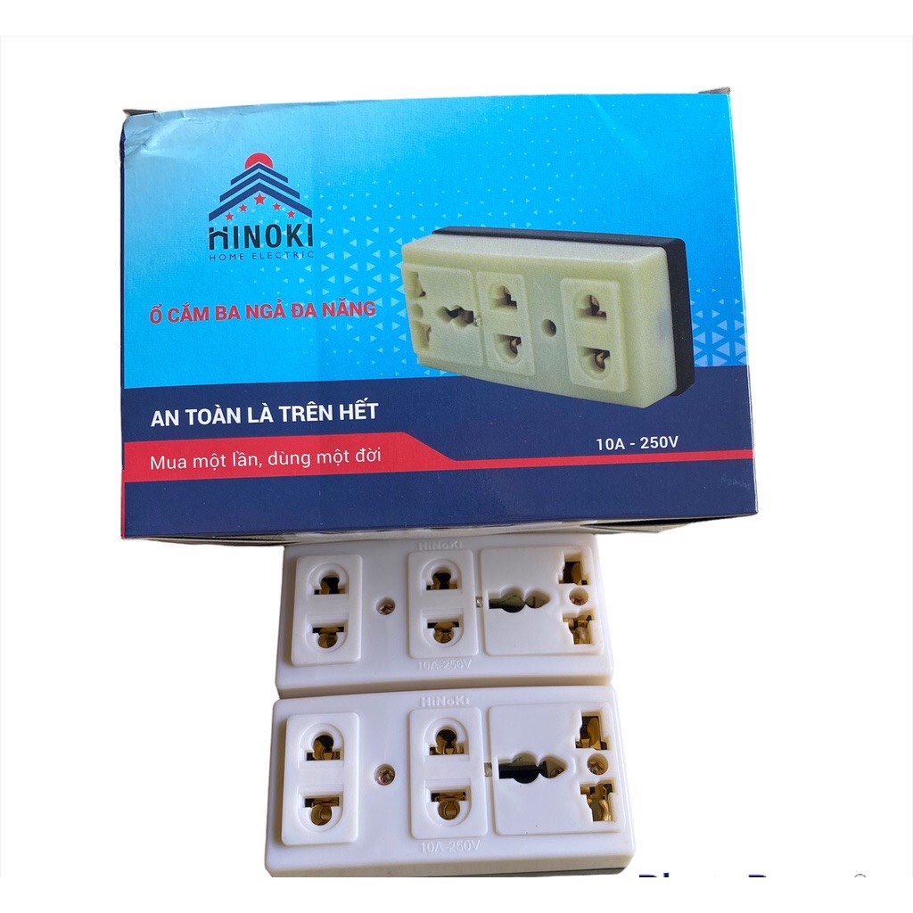 [freeship] Ổ cắm điện 3 ngả, có lỗ cắm đa năng đế đen Hinoki 10A-250V, mặt ổ cắm chống cháy, chống va đập