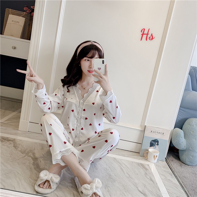[ Có Ảnh + Video Thật ] Bộ Đồ Ngủ Trái Tim Viền Ren Chất Liệu Kate Trơn Mã 0806 - HT STORE | BigBuy360 - bigbuy360.vn