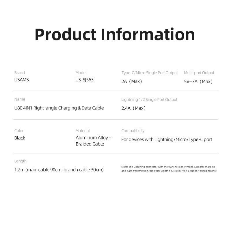 Usams Dây Cáp Sạc 4 Trong 1 66W USB-C Micro USB Dành Cho Điện Thoại / Máy Tính Bảng / Laptop