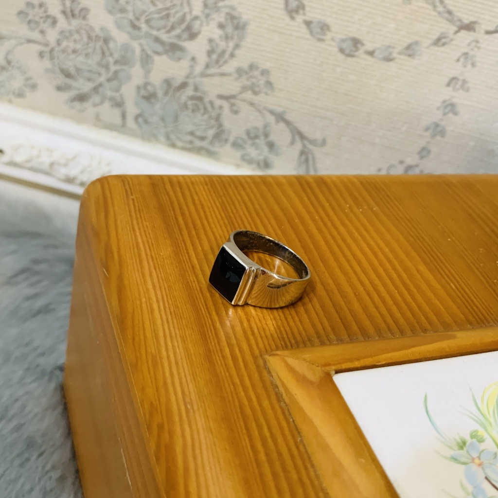 N42. Nhẫn Black Agate vintage vuông Unisex | Độc lạ | Vintage Necklace|| Si Nhật | Japan | 2HAND | trang sức nhật bản