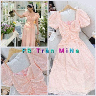 Đầm midi cổ tim nhún rút ngực- màu hồng