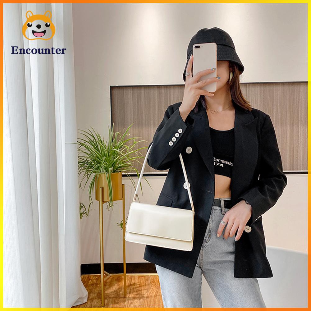 Simple Solid Color Women Handbag Tote PU Leather Female Flap Shoulder Bag ○encounter○