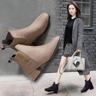 Giày Bốt Nữ Da Lộn Cạnh Chun Gót Cao 5cm
