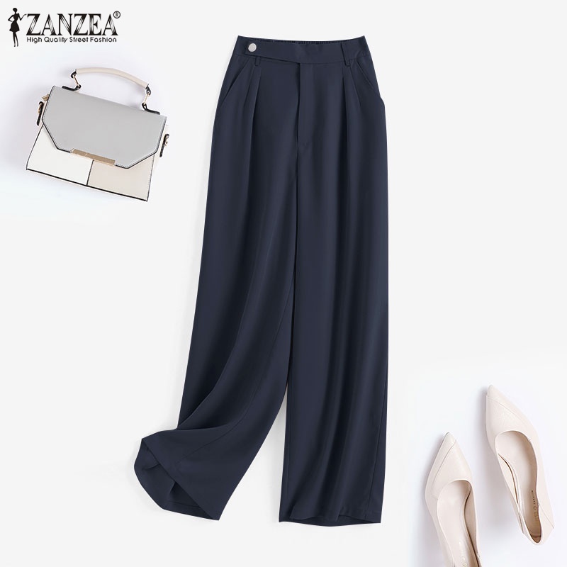 Quần ống rộng ZANZEA lưng cao màu trơn thời trang cho nữ