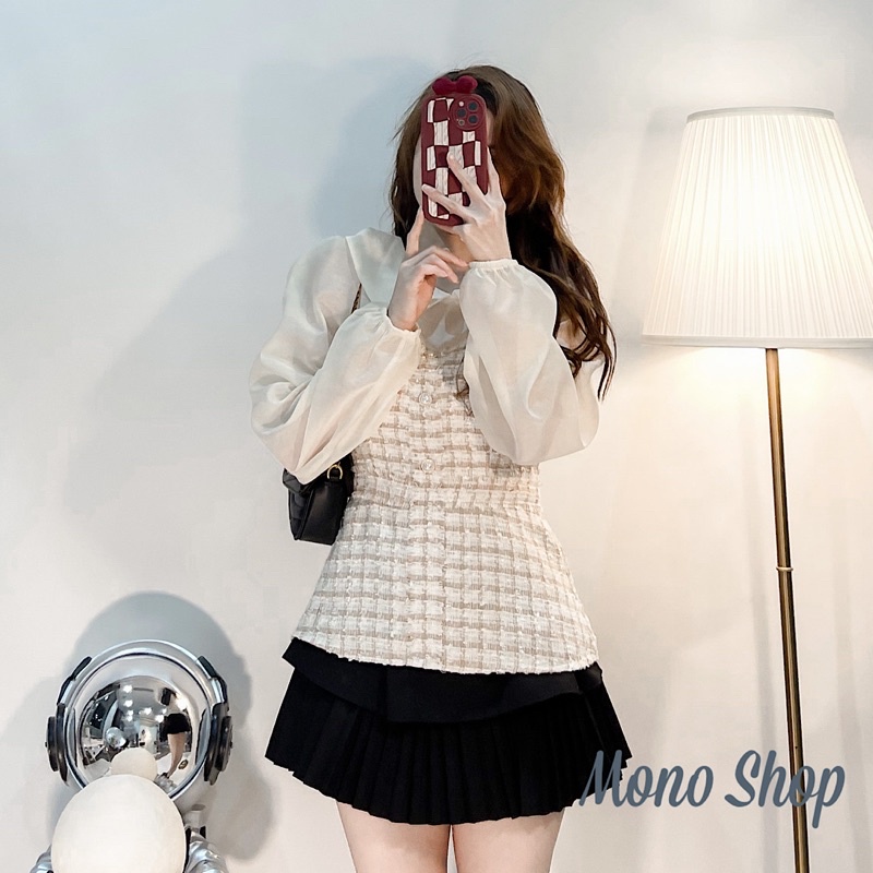 Áo phối thân bố tweed tay cổ sen voan kem ảnh thật/ sẵn