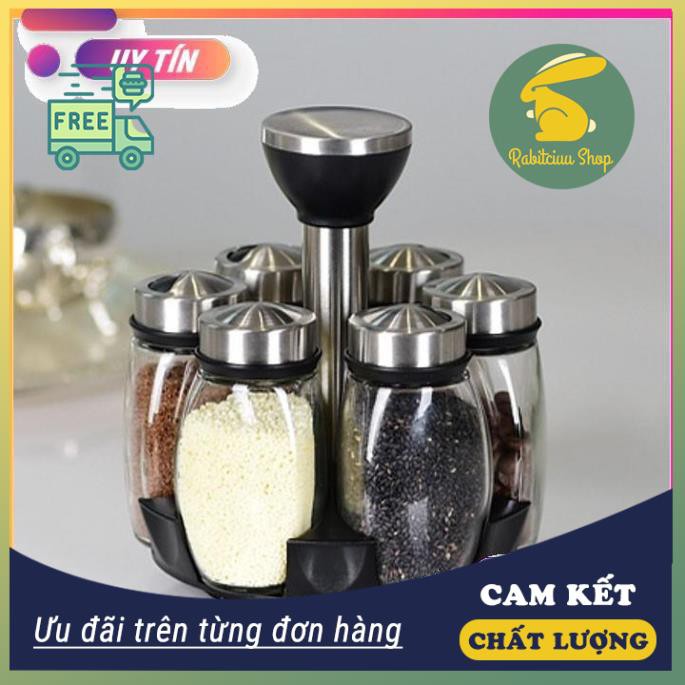 ⚡️ SIÊU SALE  Khay Đựng Gia Vị 360 độ Kèm 6 Lọ Đựng Thủy Tinh Trong Suốt Trọn Bộ Cao Cấp