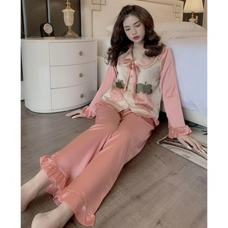 Bộ lụa Pijama - Bộ Lụa Tay Dài Tiểu Thư Cổ Phối Bèo Nơ