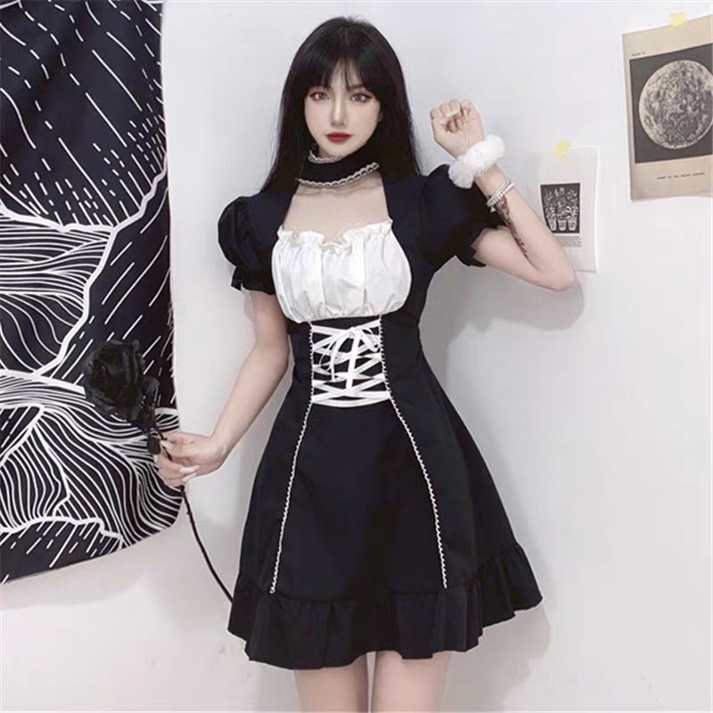 Đầm thiết kế váy rút dây đen trắng thiếu nữ biến trang bánh bèo phong cách Gothic siêu xinh V021 mẫu mới