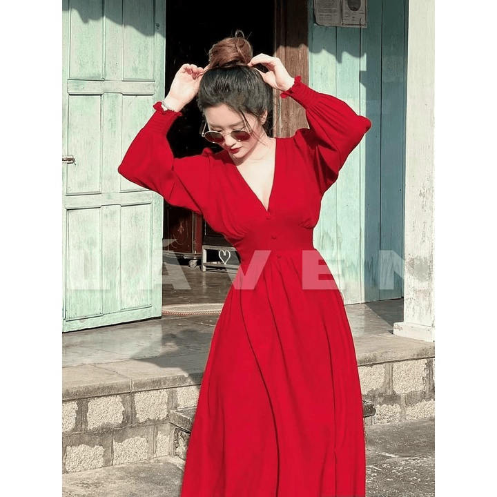 ĐẦM MAXII CỔ TIM NÚT BỌC TAY DÀI QUYẾN RŨ SIÊU XINH VLTN SHOP