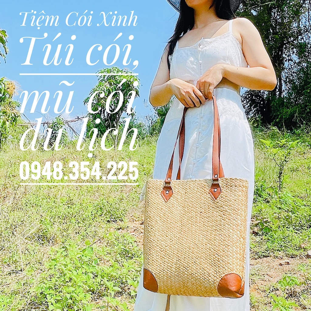 Túi Cói To Cỏ Bàng Đeo Vai Dây Da Đi Biển, Công Sở Phom Vuông Vắn Siêu Xinh