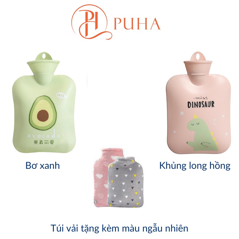 Túi chườm nóng đau bụng kinh cho nữ sưởi ấm giữ nhiệt hiệu quả Puha 900ml họa tiết khủng long hồng dễ thương