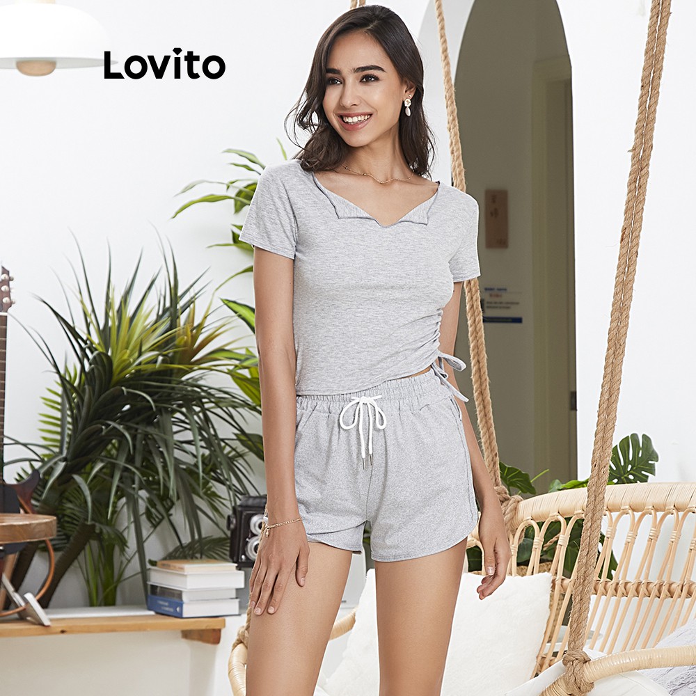 Quần short Lovito lưng dây rút thắt nút màu trơn L02043 (Blue/Gray/Green/Pink) | BigBuy360 - bigbuy360.vn