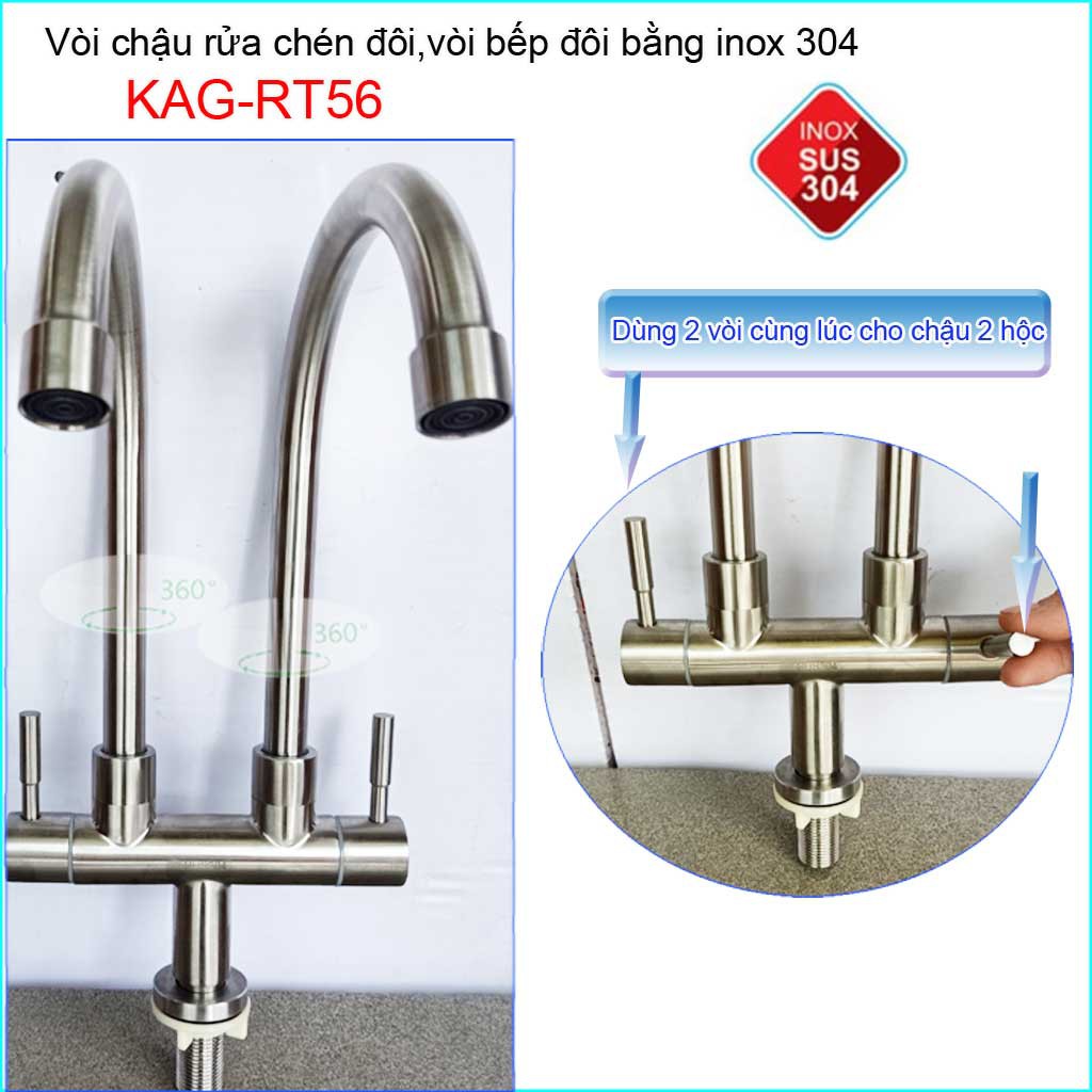 Vòi rửa chén đôi Inox SUS304 KAG-RT56, vòi chậu 2 hộc, vòi rửa chén bát lạnh 2 đầu vòi xả nước mạnh sử dụng tốt