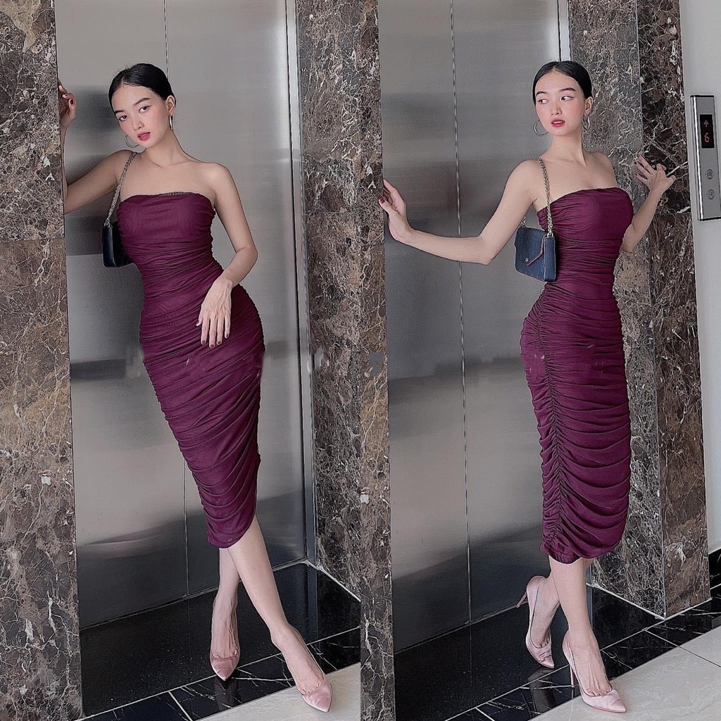 váy nữ đầm body quây rúm cúp ngực tím mận cập nhật xu hướng trendy thịnh hành