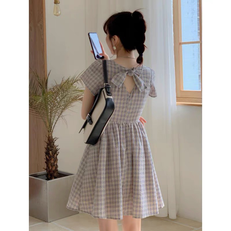 Đầm xòe caro , nơ sau kiểu tiểu thư xinh yêu dễ thương, dự tiệc cưới đi chơi , dạo phố Thời Trang VADA - Đ125 | BigBuy360 - bigbuy360.vn