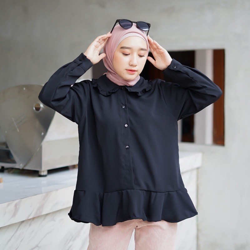 Áo Kiểu Hồi Giáo Tay Dài Bằng Cotton Và Vải Flannel Viền Bèo Thời Trang Hàn Quốc | Áo Nữ Trơn Wolfis | Áo Kiki - P9Q9 Màu Đen