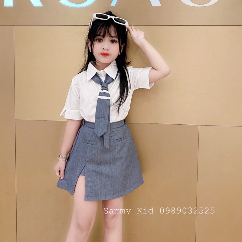 Set áo Sơ mi Thome quần váy xẻ Kèm calavat đi học cho bé gái size đại 16-40kg xinh xắn sang chảnh