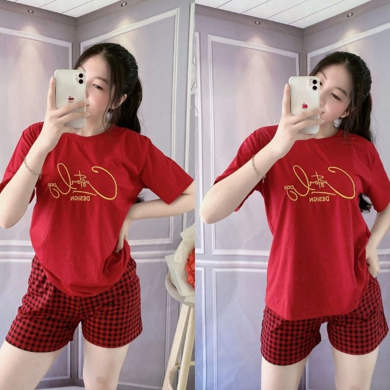 Đồ bộ nữ đồ mặc nhà Bigsize thun cotton chữ thêu quần đùi carô co giãn Sét đồ bộ nữ dễ thương trung niên ESHOP DB19