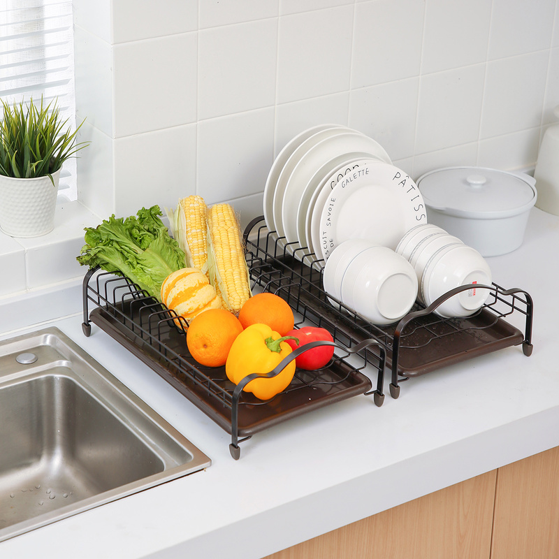 Kệ JUJIAJIA Hai Lớp Làm Từ Sắt Đựng Ráo Chén Dĩa Có Khay Hứng Nước
